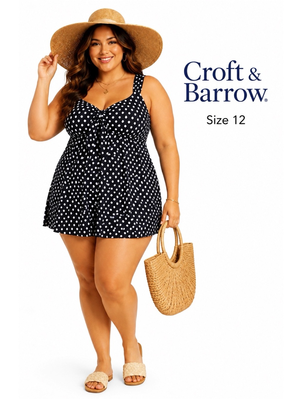 CROFT & BARROW Black Geo Polka Dot Print One Piece Swim Dress Size 12